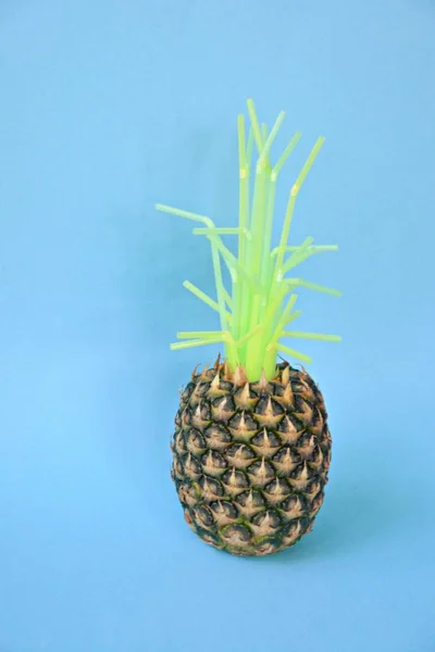 The green of the pineapple is replaced by plastic straws - a concept that shows how much plastic is already in nature - art against a monochrome background