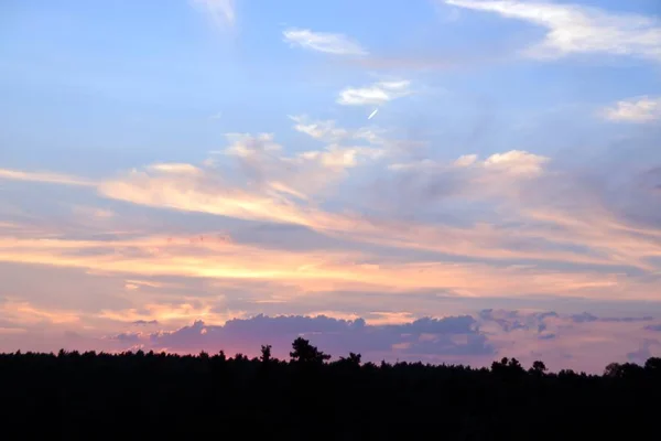 Pôr Sol Céu Nuvens Sobre Uma Floresta Com Nuvens Rosa — Fotografia de Stock