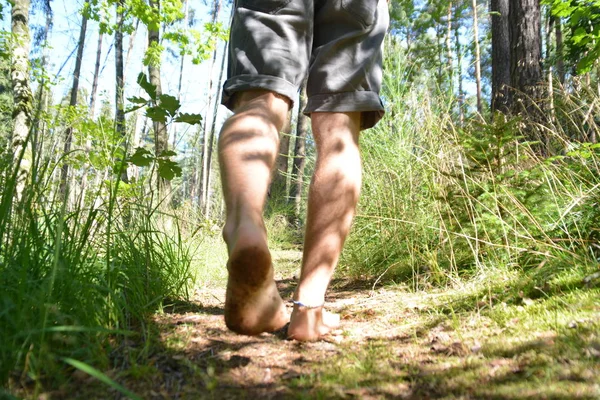 Close Sobre Pés Atravessa Caminho Seixos Floresta Relaxa Natureza Temperaturas — Fotografia de Stock