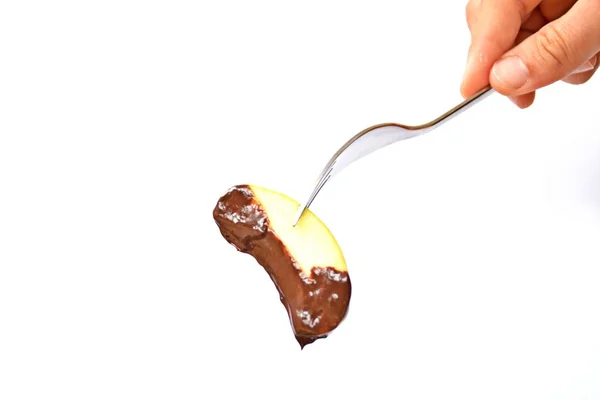 Fresh Apple Stuck Tip Fork Dip Liquid Chocolate Close Isolated — Stock Photo, Image