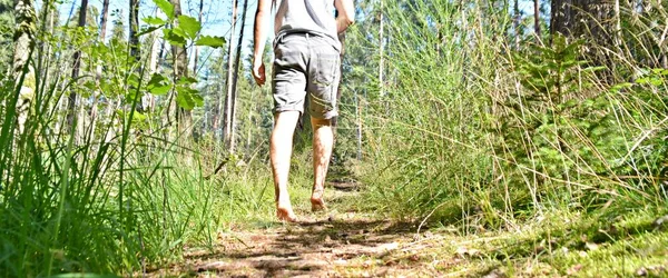 Ayaklarda Yakın Çekim Ormanda Çakıl Bir Yol Boyunca Yürür Yazlık — Stok fotoğraf