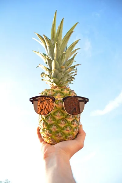 Hålla Ananas Med Solglasögon Handen — Stockfoto