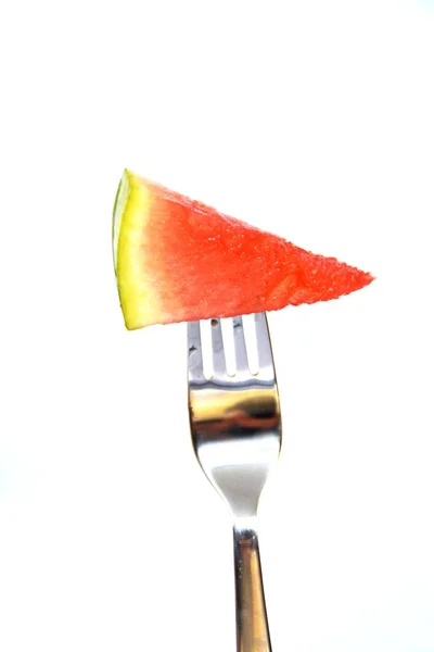 Stukje Watermeloen Een Vork — Stockfoto