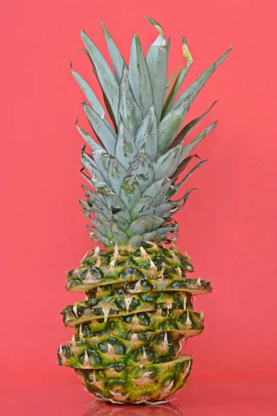 slices of a pineapple make up a whole pineapple in front of a solid background with space for text or objects