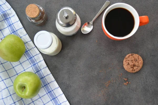 Coffee Orange Cup Table Apples Milk Sugar Biscuit — Stock Photo, Image