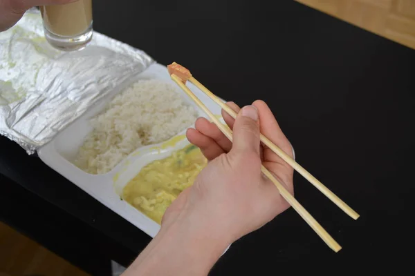 Close Eat Yellow Curry Rice Styrofoam Box Chopsticks — Stock Photo, Image