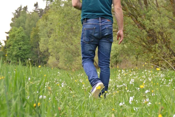 Close Pernas Jeans Andando Natureza — Fotografia de Stock
