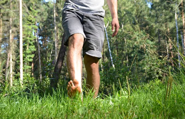 脚上的特写镜头 穿过树林中的鹅卵石小径 在夏季气温下放松大自然 — 图库照片
