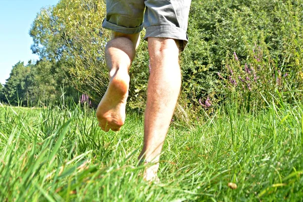 Nahaufnahme Den Füßen Spaziergänge Über Einen Kiesweg Wald Und Entspannung — Stockfoto