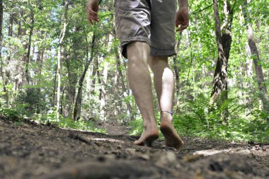 Ayaklarda yakın çekim - ormanda çakıl bir yol boyunca yürür ve yazlık sıcaklıklarda doğada rahatlatır 