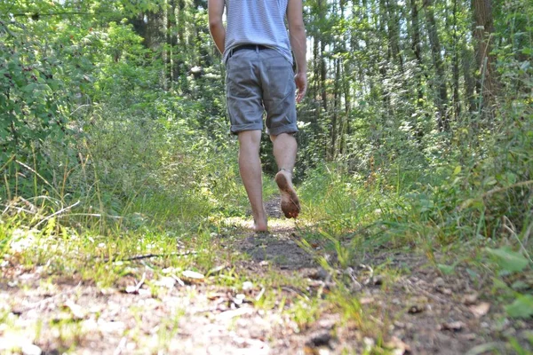Close Feet Walks Pebble Path Woods Relaxes Nature Summery Temperatures — Stock Photo, Image