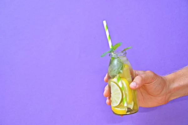 Holding Glass Full Ice Limes Lemons Mint Your Hand Perfect — Stock Photo, Image