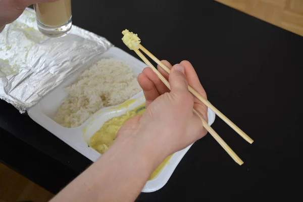 Close Eat Yellow Curry Rice Styrofoam Box Chopsticks — Stock Photo, Image