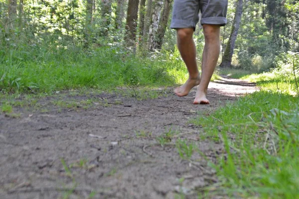 Close-up on the feet - walks across a pebble path in the woods and relaxes in the nature at summery temperatures