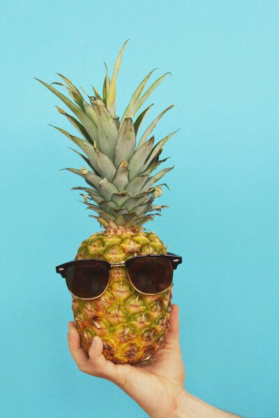 holding a pineapple with sunglasses in the hand 