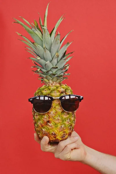 Sosteniendo Una Piña Con Gafas Sol Mano — Foto de Stock