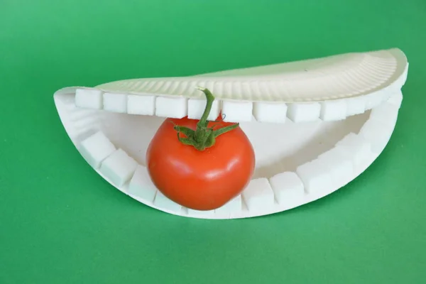 Boca Con Dientes Hechos Terrones Azúcar Comiendo Tomate —  Fotos de Stock