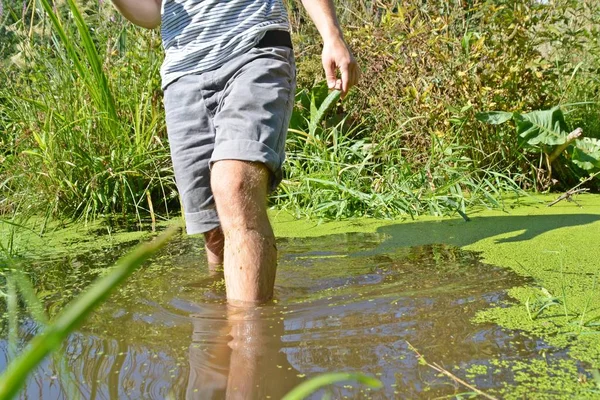 Close-up on the feet - Man is running in summer through a small river where plants are growing