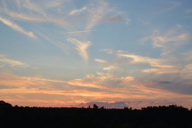 Ufukta pembe ve mor bulutlar ve havada yaz sıcağı ile bir orman üzerinde bulutlar gökyüzünde gün batımı 