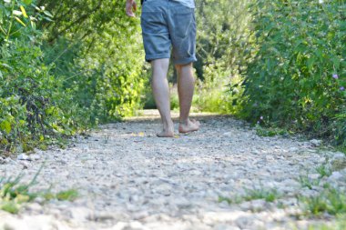 Ayaklarda yakın çekim - ormanda çakıl bir yol boyunca yürür ve yazlık sıcaklıklarda doğada rahatlatır