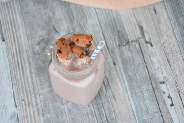 Koffie Met Melk Chocolade Koekjes Glazen Pot — Stockfoto