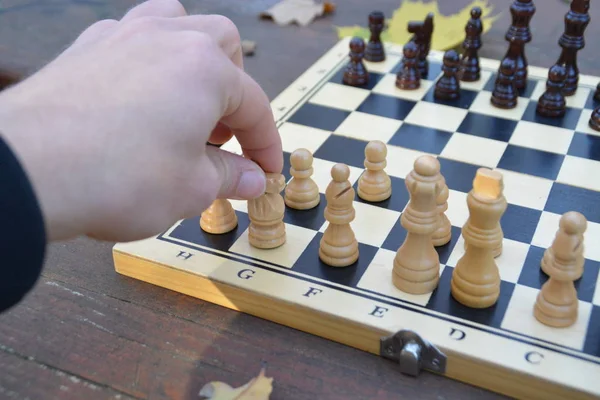 一块棋子的棋盘矗立在秋林的木桌上 旁边是五颜六色的秋叶 两盘棋子面对面 与各自的团队展开较量 — 图库照片