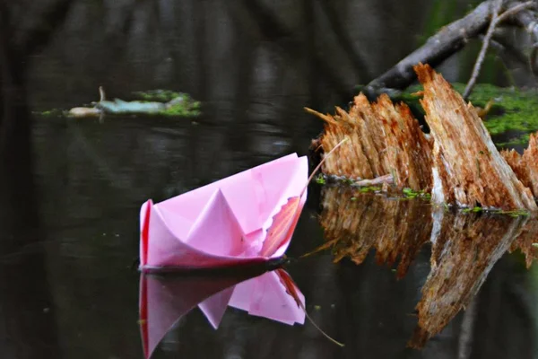 Een Zelfgevouwen Papier Boot Zweeft Grond Herfst Een Plas Geaccumuleerd — Stockfoto