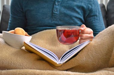 Genç bir adam bir kanepe üzerinde oturuyor ve el ve bisküvi onun yanında stand bir cam bardak bir meyve çayı tutarken bir kitap okuma-kitap ve cam fincan çay dolu-kavramı ısınmak için