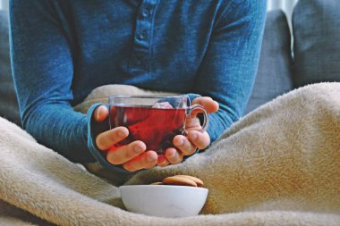 Genç bir adam bir kanepe üzerinde oturuyor ve el ve bisküvi onun yanında stand bir cam bardak bir meyve çayı tutarken bir kitap okuma-kitap ve cam fincan çay dolu-kavramı ısınmak için