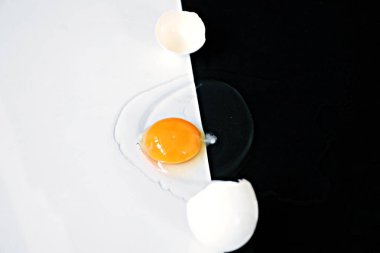 Yumurta akı ile çevrili bozulmamış yumurta sarısı ile açık bir yumurta yarım siyah yarım beyaz arka plan yatıyor - siyah ve beyaz ve bir yumurta ile kavram 