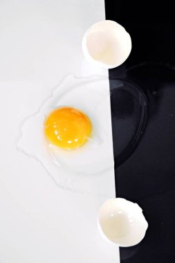 Yumurta akı ile çevrili bozulmamış yumurta sarısı ile açık bir yumurta yarım siyah yarım beyaz arka plan yatıyor - siyah ve beyaz ve bir yumurta ile kavram 