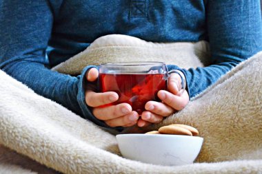 Genç bir adam bir kanepe üzerinde oturuyor ve el ve bisküvi onun yanında stand bir cam bardak bir meyve çayı tutarken bir kitap okuma-kitap ve cam fincan çay dolu-kavramı ısınmak için