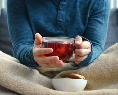 Genç bir adam bir kanepe üzerinde oturuyor ve el ve bisküvi onun yanında stand bir cam bardak bir meyve çayı tutarken bir kitap okuma-kitap ve cam fincan çay dolu-kavramı ısınmak için