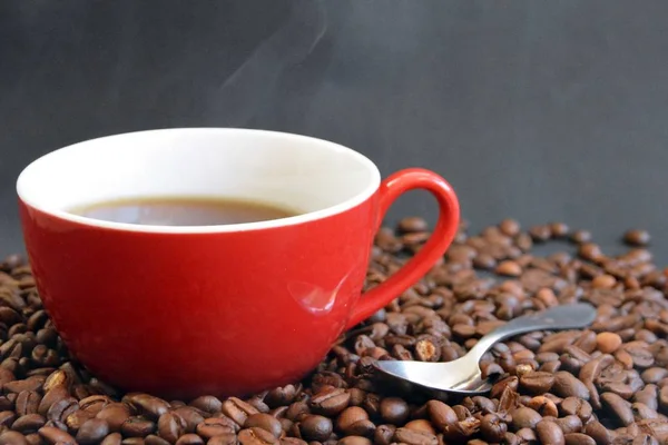 Cup Hot Fresh Coffee Spoon Standing Bunch Coffee Beans Enjoy — Stock Photo, Image