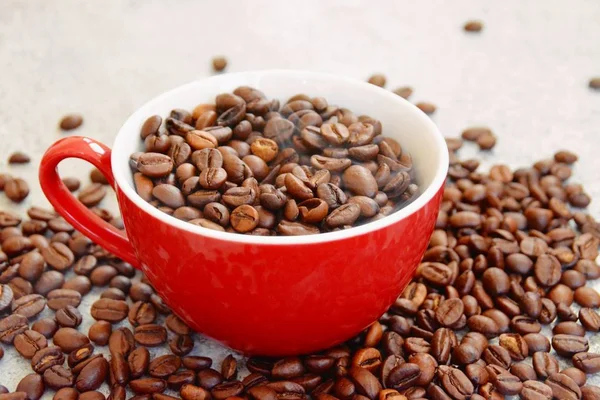 コーヒー豆でいっぱいの赤いカップは その隣に他のコーヒー豆と灰色の芝生の上に立っています 挽きたてのコーヒー豆の品質と楽しみのためのコンセプト — ストック写真