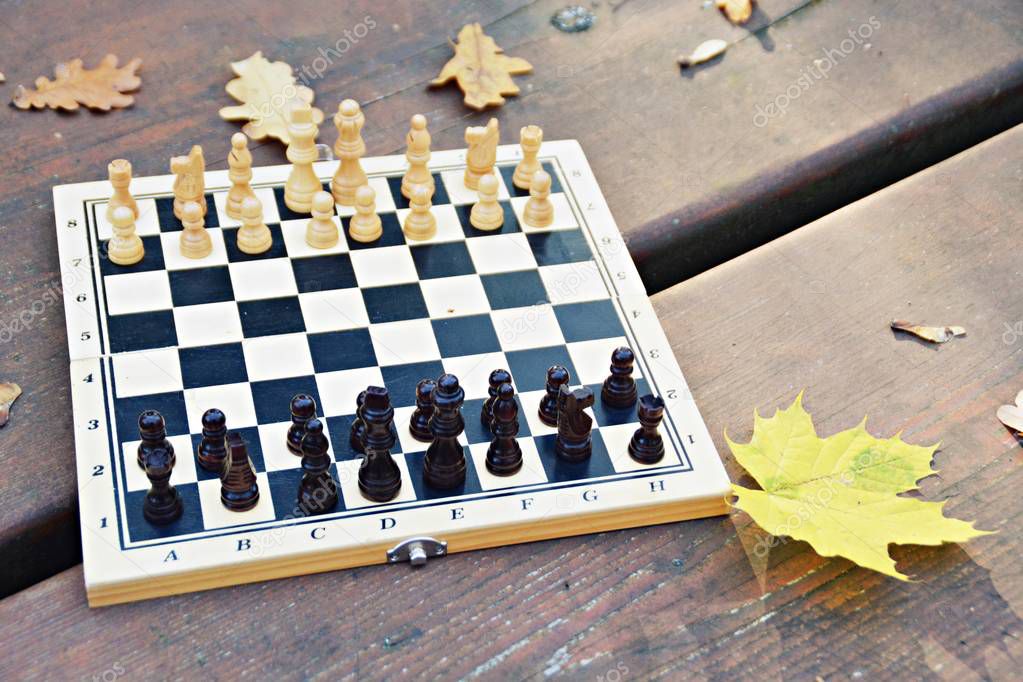 A chessboard with chess pieces is standing on a wooden table in the autumn forest with colorful autumn leaves next to it - two chess pieces face each other and cause a fight with the respective teams