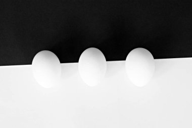 Beyaz bardak ile tavuk yumurtası beyaz yumurta ve küçük gölge ile arka plan olarak güçlü bir kontrast ile yarım beyaz ve yarım siyah arka plan önünde yalan