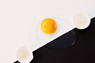 Yumurta akı ile çevrili bozulmamış yumurta sarısı ile açık bir yumurta yarım siyah yarım beyaz arka plan yatıyor - siyah ve beyaz ve bir yumurta ile kavram 