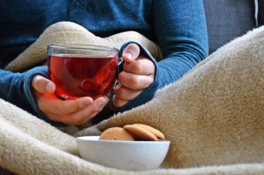 Genç bir adam bir kanepe üzerinde oturuyor ve el ve bisküvi onun yanında stand bir cam bardak bir meyve çayı tutarken bir kitap okuma-kitap ve cam fincan çay dolu-kavramı ısınmak için