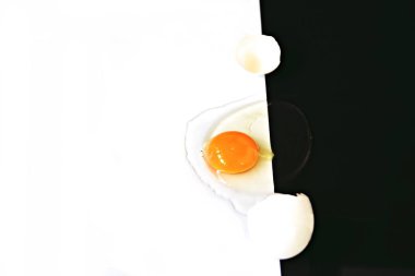 Yumurta akı ile çevrili bozulmamış yumurta sarısı ile açık bir yumurta yarım siyah yarım beyaz arka plan yatıyor - siyah ve beyaz ve bir yumurta ile kavram 