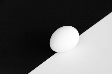 Beyaz bardak ile tavuk yumurtası beyaz yumurta ve küçük gölge ile arka plan olarak güçlü bir kontrast ile yarım beyaz ve yarım siyah arka plan önünde yalan 