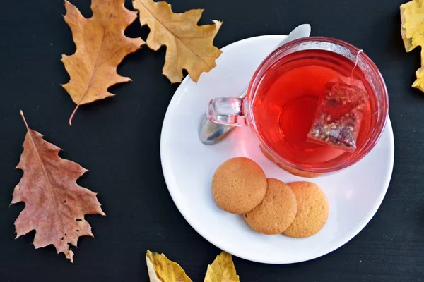 Ustawienie Autumnal Herbatą Ciemnym Tle Teabag Herbaty Owocowe Pływające Szklance — Zdjęcie stockowe