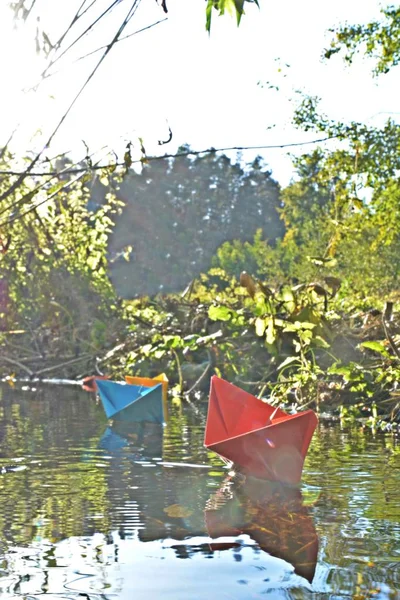 Different colored paper ships swim in a small brook on the surface of which reflects the late autumn sun - Slightly blurred paper ships in bright colors on a lake in late autumn