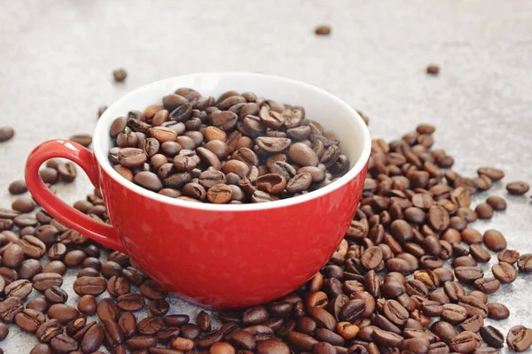 Kırmızı Bir Fincan Kahve Çekirdekleri Dolu Yanında Diğer Kahve Çekirdekleri — Stok fotoğraf