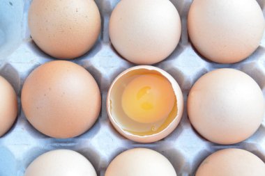 Otuzlu bir petek yumurta birkaç yumurta yatıyordu, bir açık ve yumurta sarısı görünür-bir yumurta kutunun geri kalanı farklıdır çünkü kırık-yumurta ile bireysel diyet kavramı