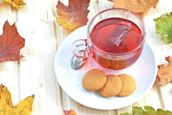 Ustawienie Autumnal Herbatą Ciemnym Tle Teabag Herbaty Owocowe Pływające Szklance — Zdjęcie stockowe