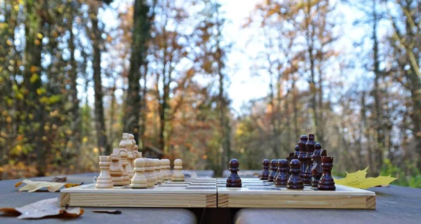 Μια Σκακιέρα Κομμάτια Σκακιού Στέκεται Ένα Ξύλινο Τραπέζι Στο Φθινόπωρο — Φωτογραφία Αρχείου