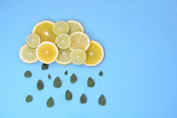 Limon Limes Portakal Dilimleri Nane Yaprakları Bir Yağmur Duşu Ile — Stok fotoğraf