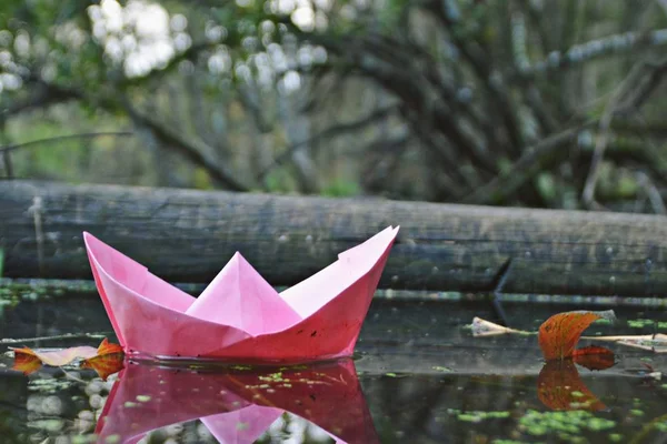 Een Zelfgevouwen Papier Boot Zweeft Grond Herfst Een Plas Geaccumuleerd — Stockfoto