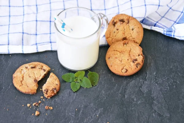 Glass Milk Blue Dotted Straw Stands Black Surface Freshly Baked — Stock Photo, Image